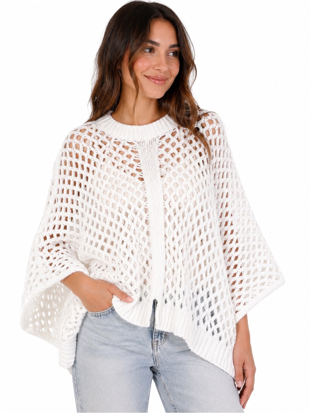White Open Knit Crochet Oversized Poncho Sweater Size L Boho Coastal